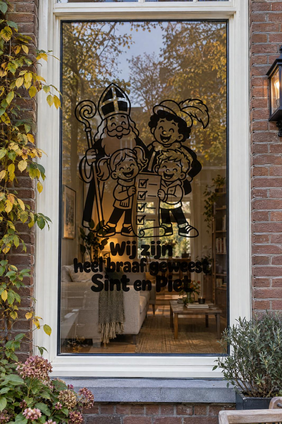 Zwarte statische raamsticker met Sint en Piet en twee kinderen met de tekst 